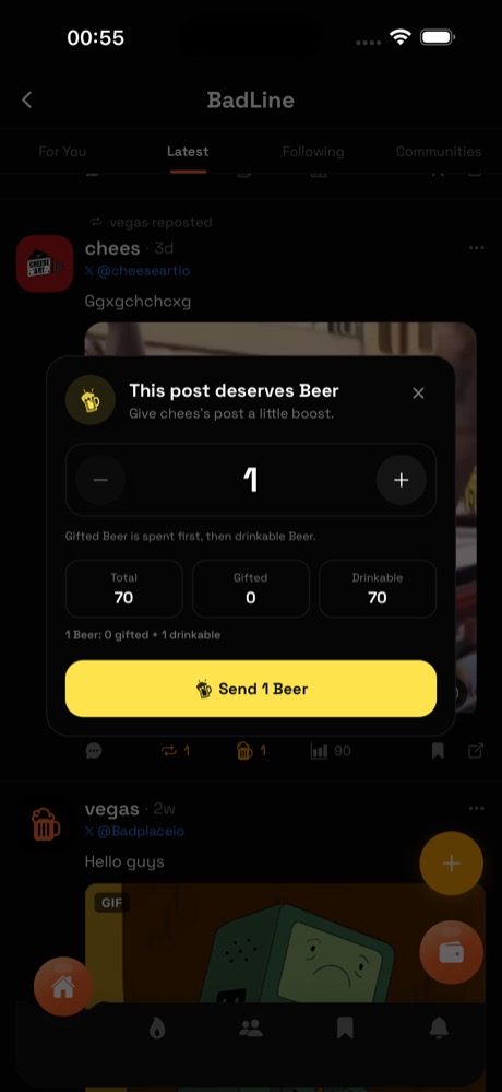Drinking Beer on another's post, real 70-Beer balance, gifted/drinkable split.